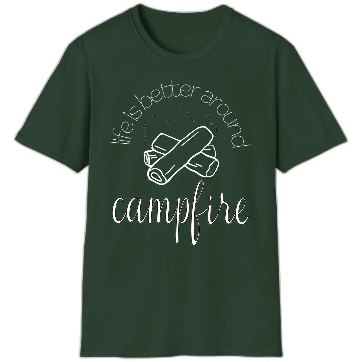 Line art illustration of rolled sleeping bags over campfire logs with circular text reading 'is boetter dry campfire' - a camping pun design. in Forest Green