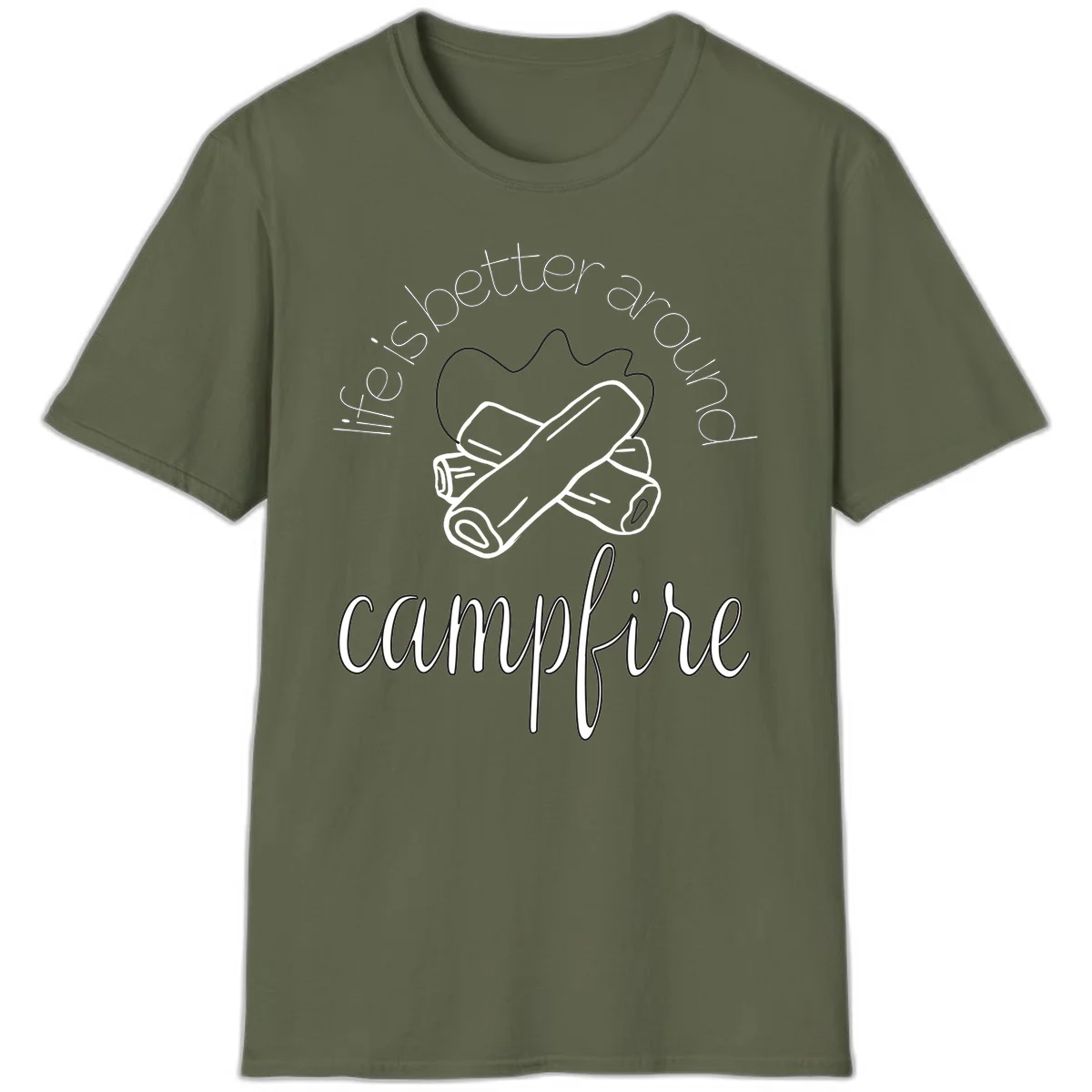 Line art illustration of rolled sleeping bags over campfire logs with circular text reading 'is boetter dry campfire' - a camping pun design. in Military Green