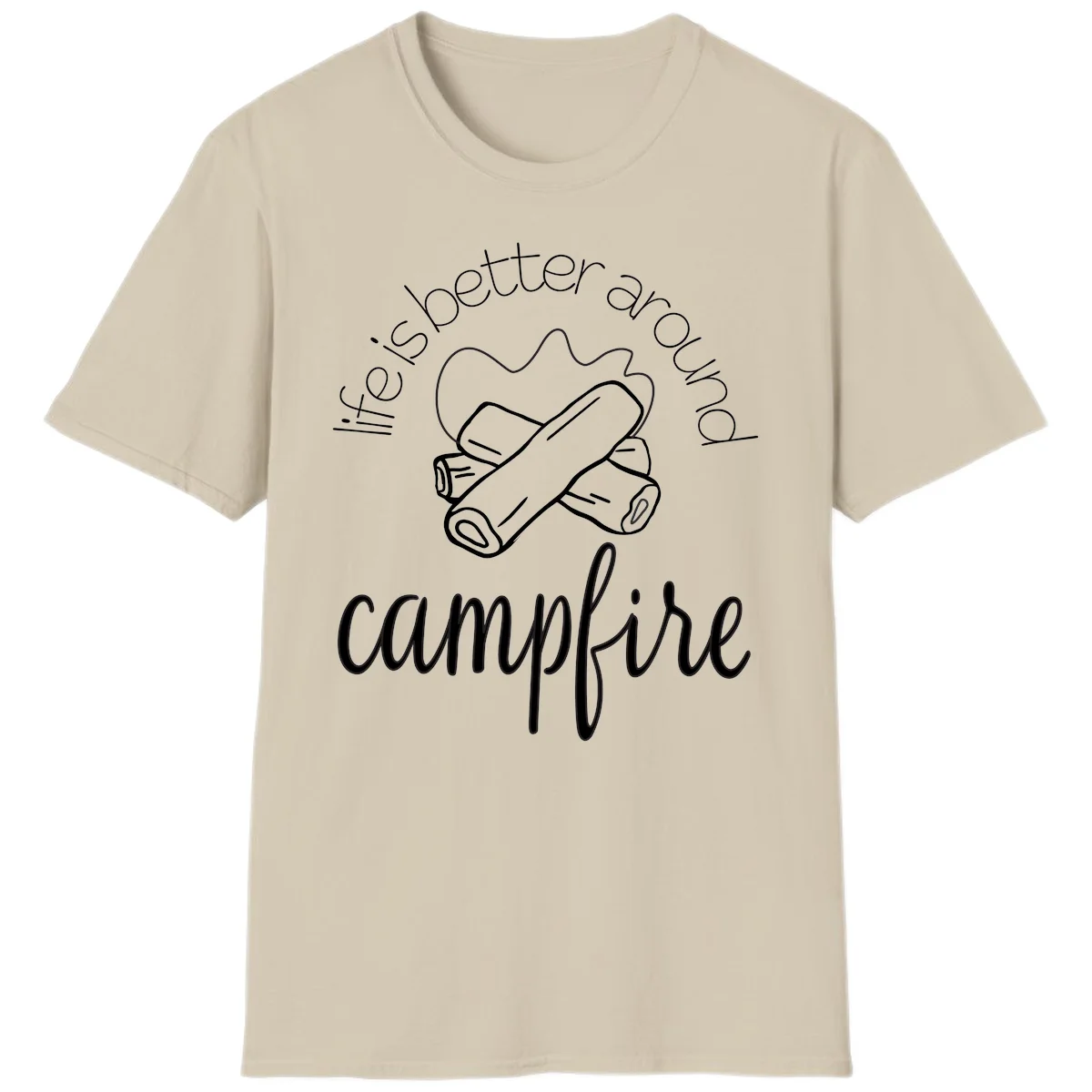 Line art illustration of rolled sleeping bags over campfire logs with circular text reading 'is boetter dry campfire' - a camping pun design. in Sand