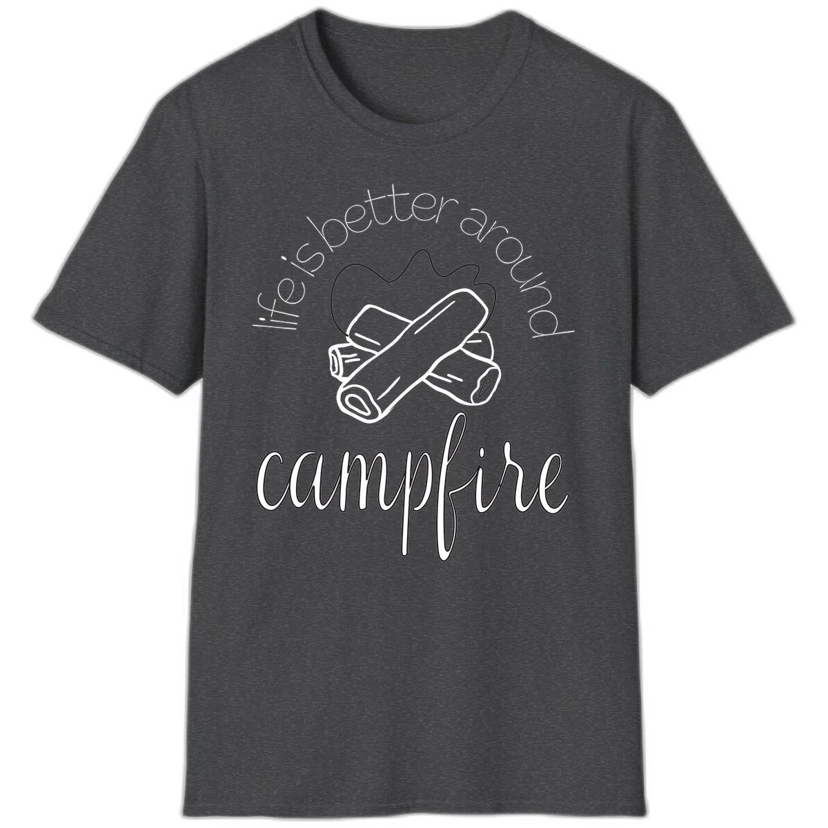 Line art illustration of rolled sleeping bags over campfire logs with circular text reading 'is boetter dry campfire' - a camping pun design. in Dark Heather