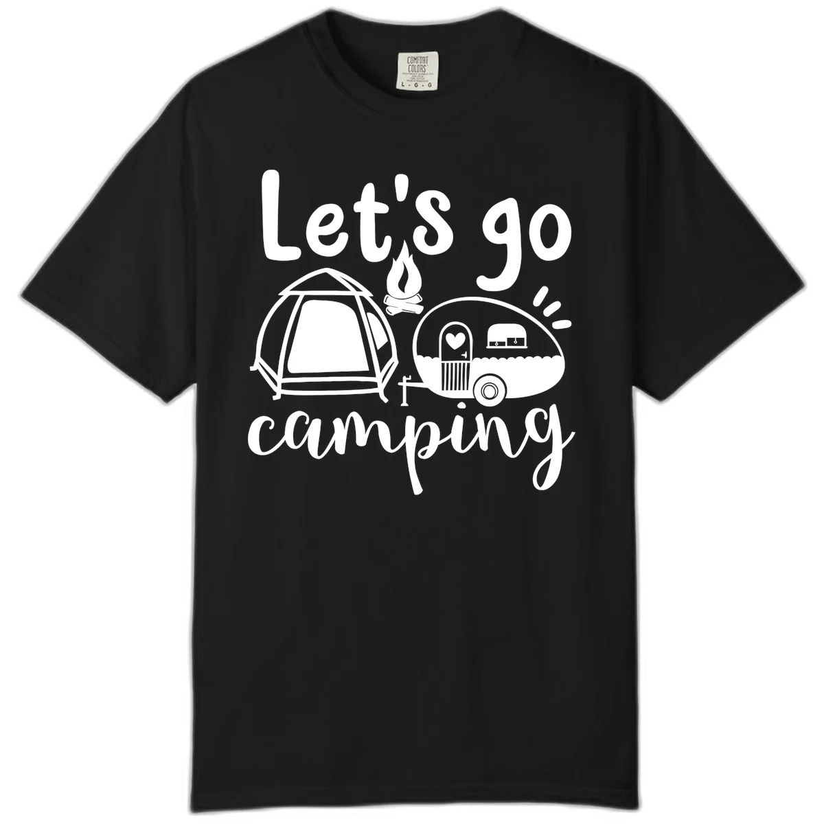 White illustration of a tent, campfire, and vintage trailer with 'Let's go camping' text on gray background in Black