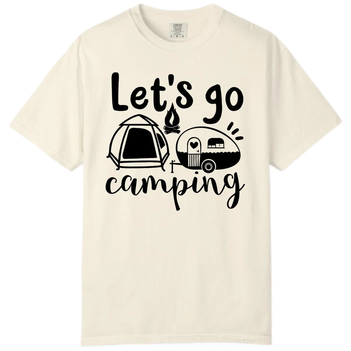 White illustration of a tent, campfire, and vintage trailer with 'Let's go camping' text on gray background in Ivory