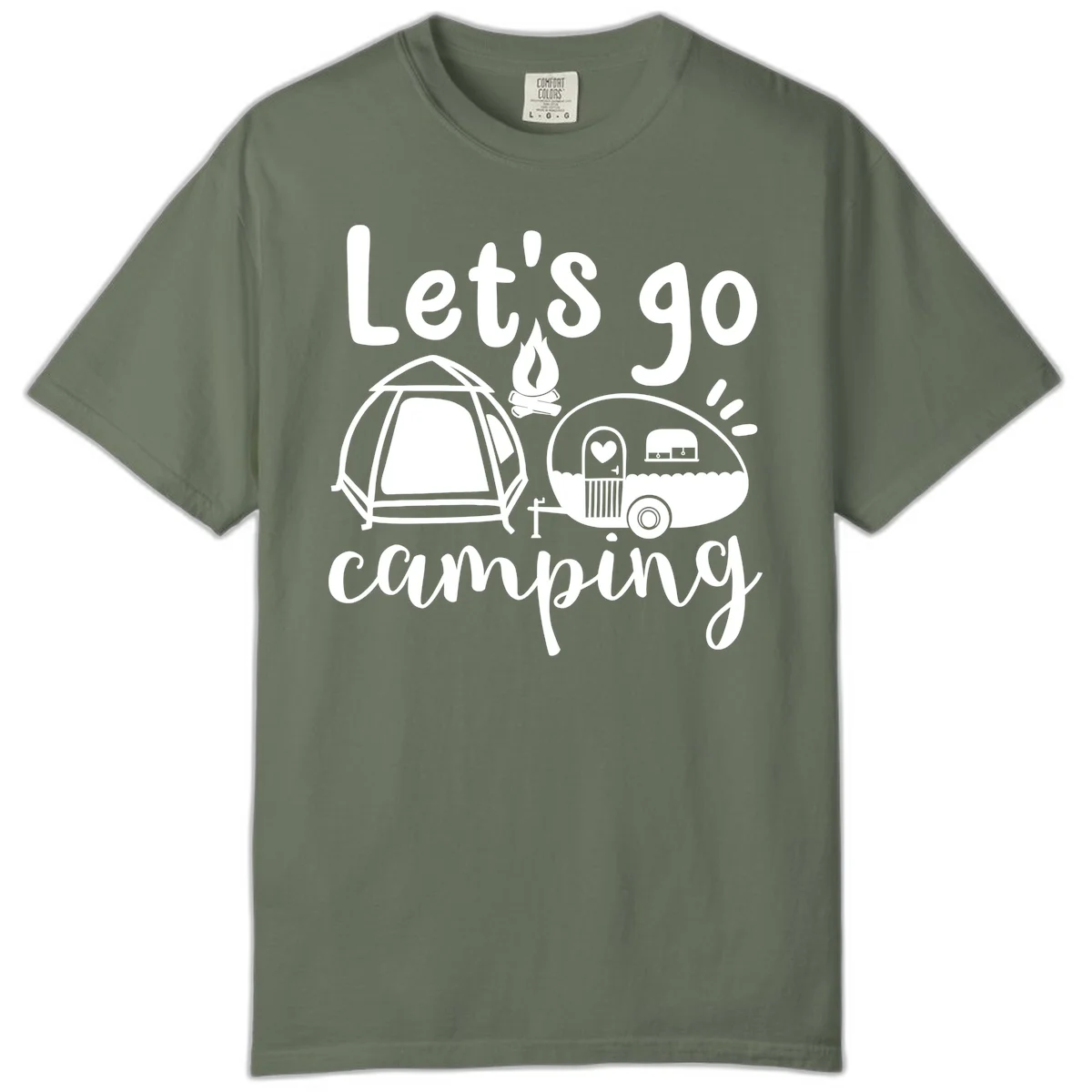 White illustration of a tent, campfire, and vintage trailer with 'Let's go camping' text on gray background in Moss