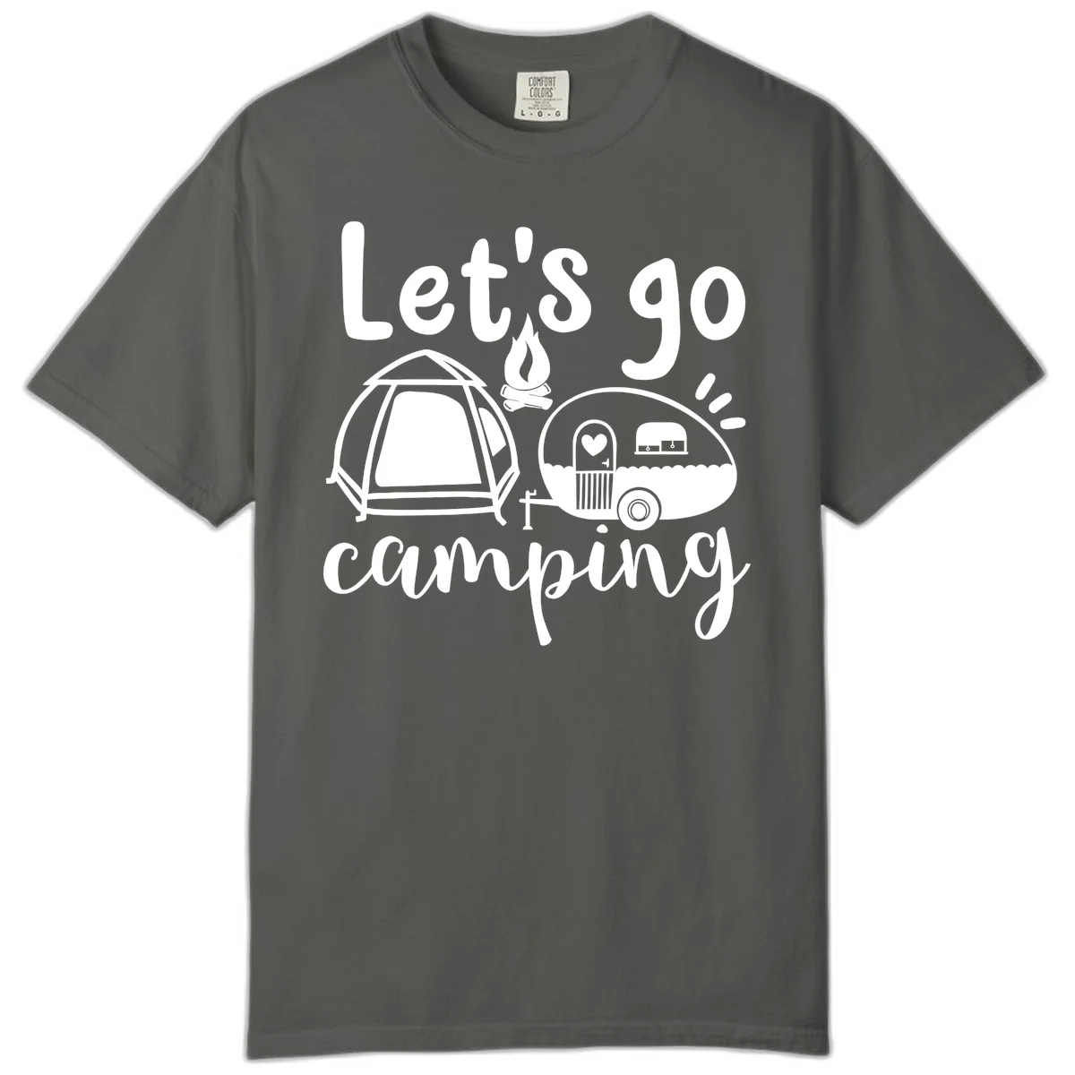 White illustration of a tent, campfire, and vintage trailer with 'Let's go camping' text on gray background in Pepper