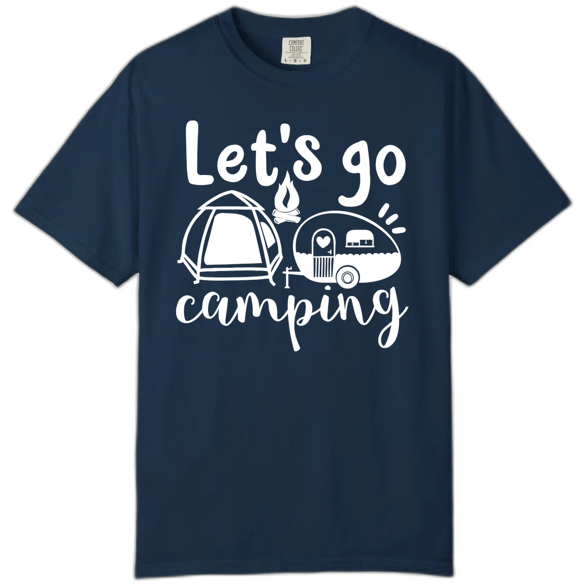 White illustration of a tent, campfire, and vintage trailer with 'Let's go camping' text on gray background in True Navy