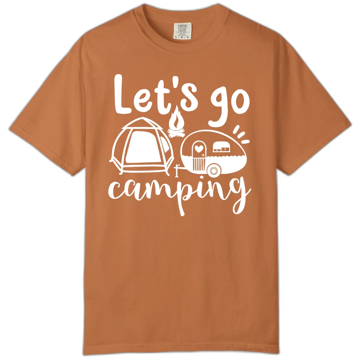 White illustration of a tent, campfire, and vintage trailer with 'Let's go camping' text on gray background in Yam