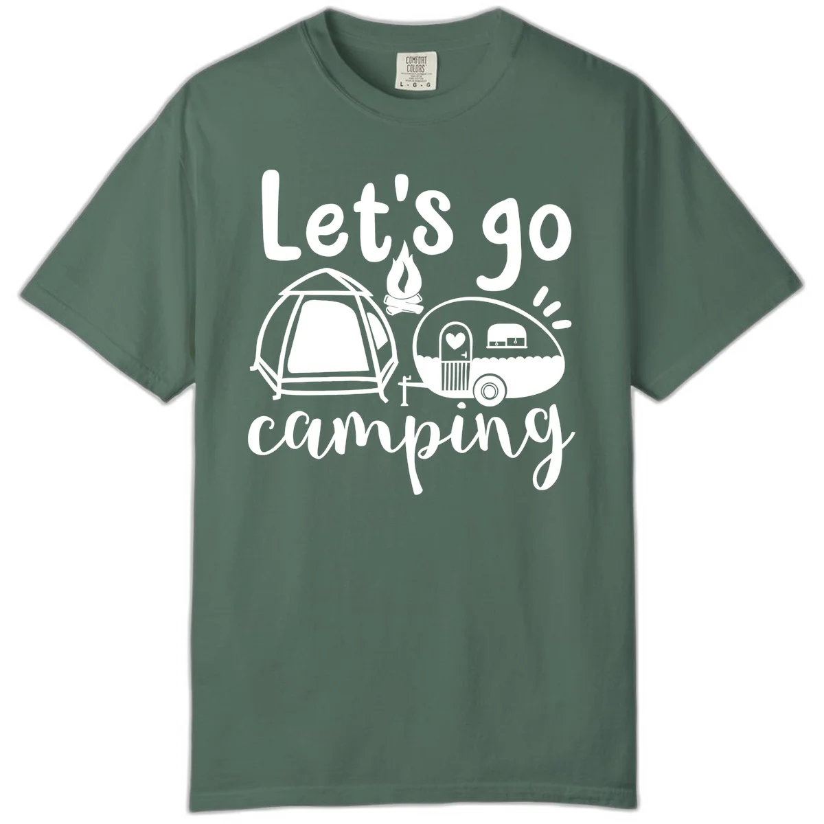 White illustration of a tent, campfire, and vintage trailer with 'Let's go camping' text on gray background in Blue Spruce