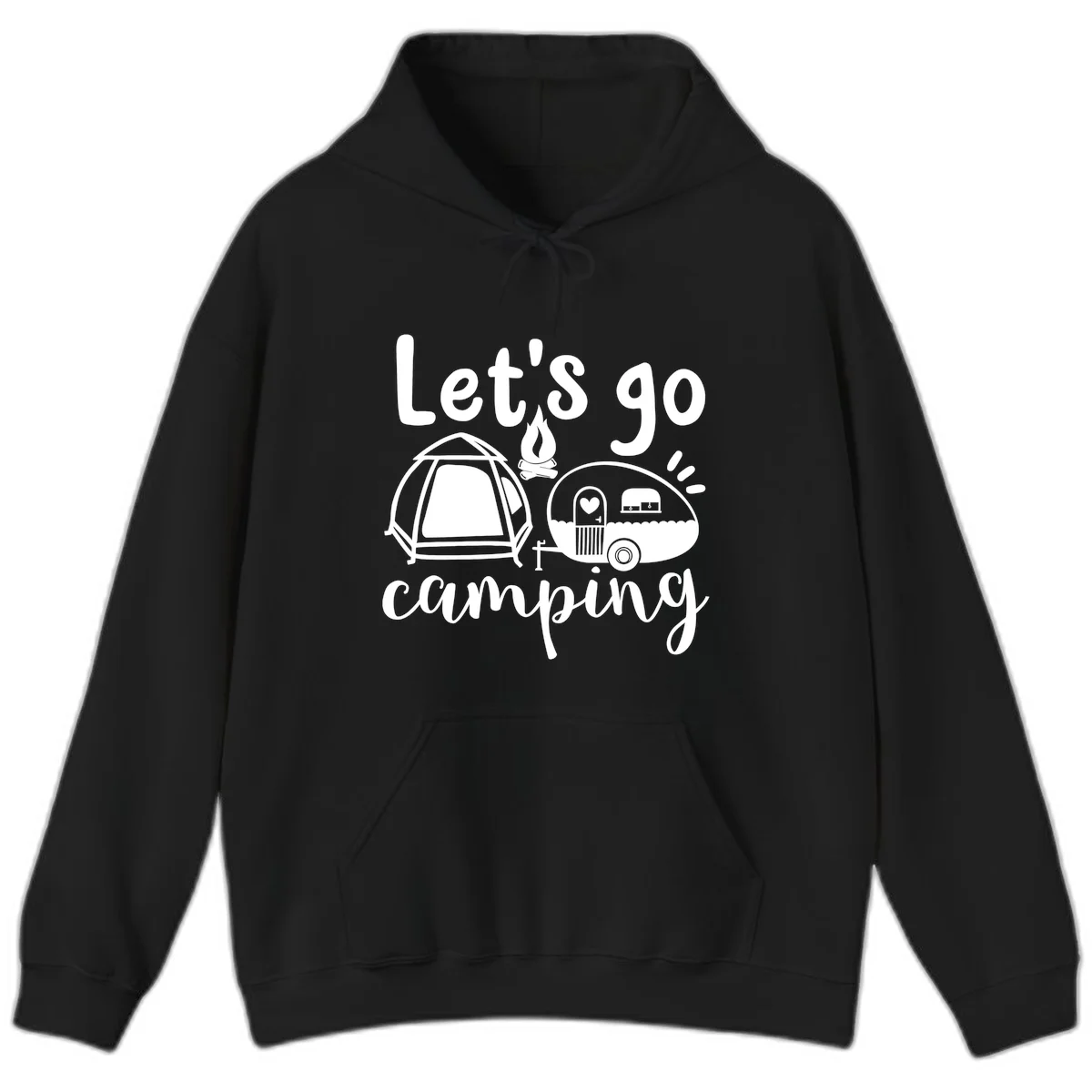 White illustration of a tent, campfire, and vintage trailer with 'Let's go camping' text on gray background in Black