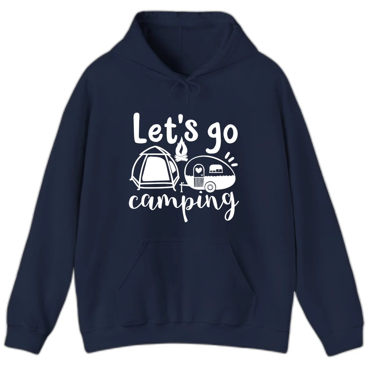 White illustration of a tent, campfire, and vintage trailer with 'Let's go camping' text on gray background in Navy