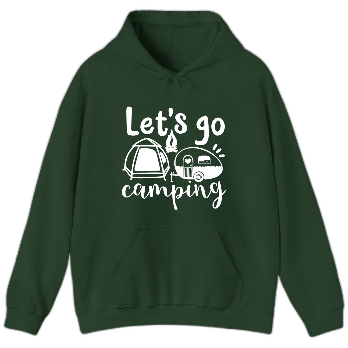 White illustration of a tent, campfire, and vintage trailer with 'Let's go camping' text on gray background in Forest Green