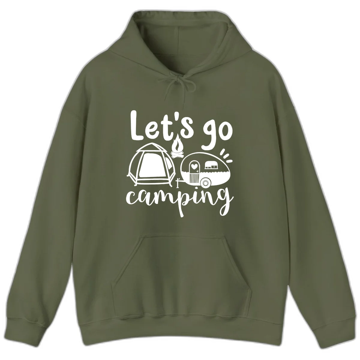 White illustration of a tent, campfire, and vintage trailer with 'Let's go camping' text on gray background in Military Green