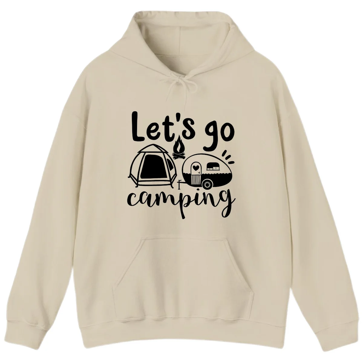 White illustration of a tent, campfire, and vintage trailer with 'Let's go camping' text on gray background in Sand