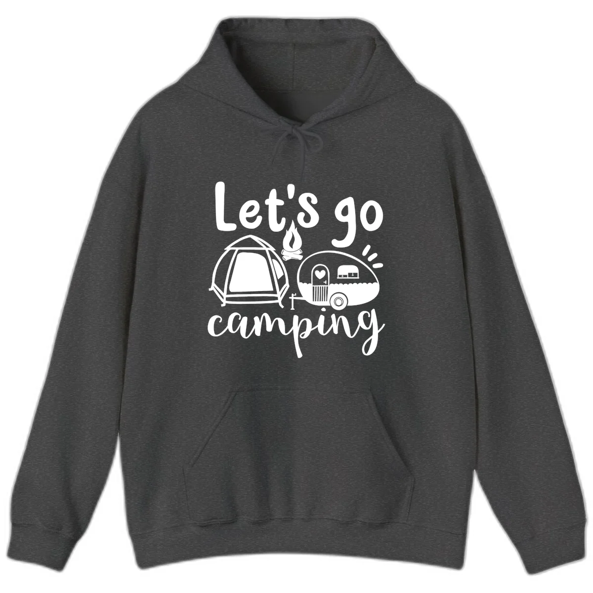 White illustration of a tent, campfire, and vintage trailer with 'Let's go camping' text on gray background in Dark Heather