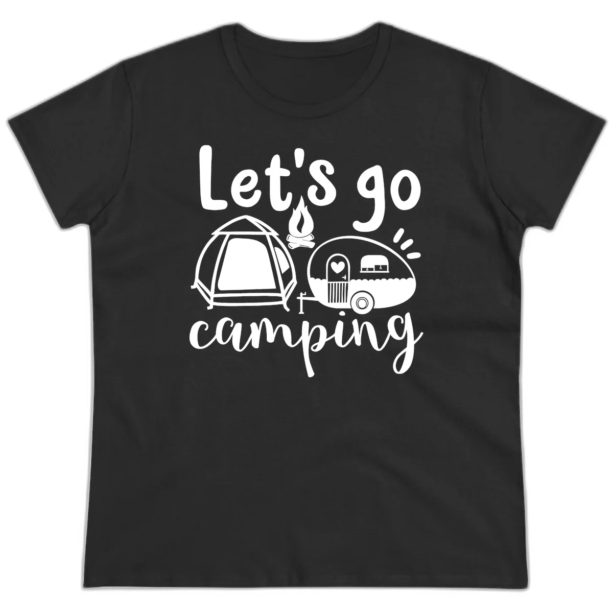 White illustration of a tent, campfire, and vintage trailer with 'Let's go camping' text on gray background in Black