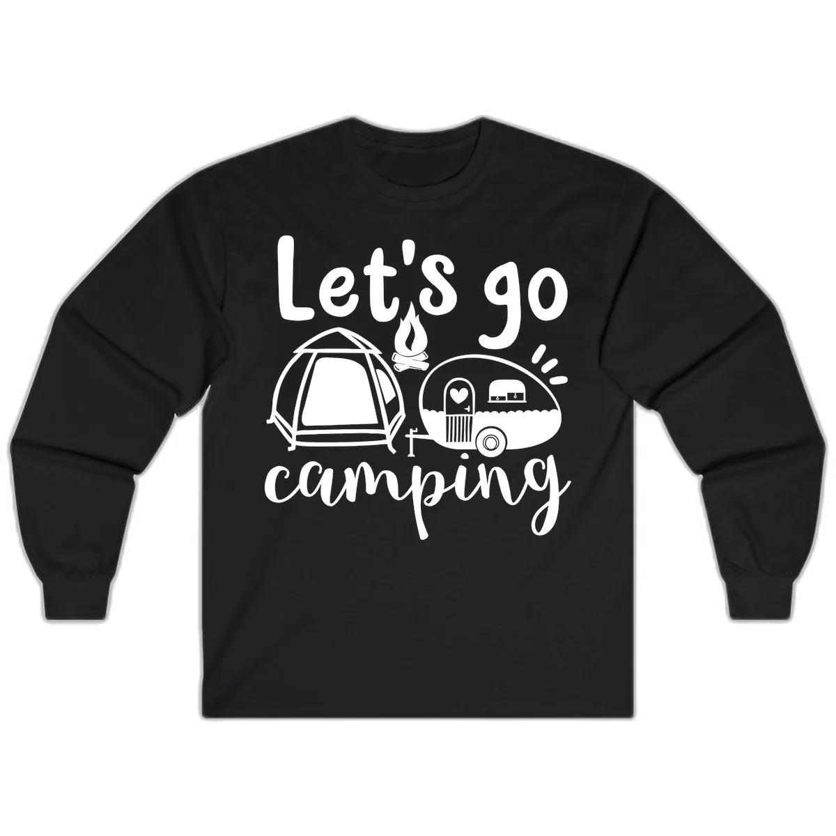 White illustration of a tent, campfire, and vintage trailer with 'Let's go camping' text on gray background in Black