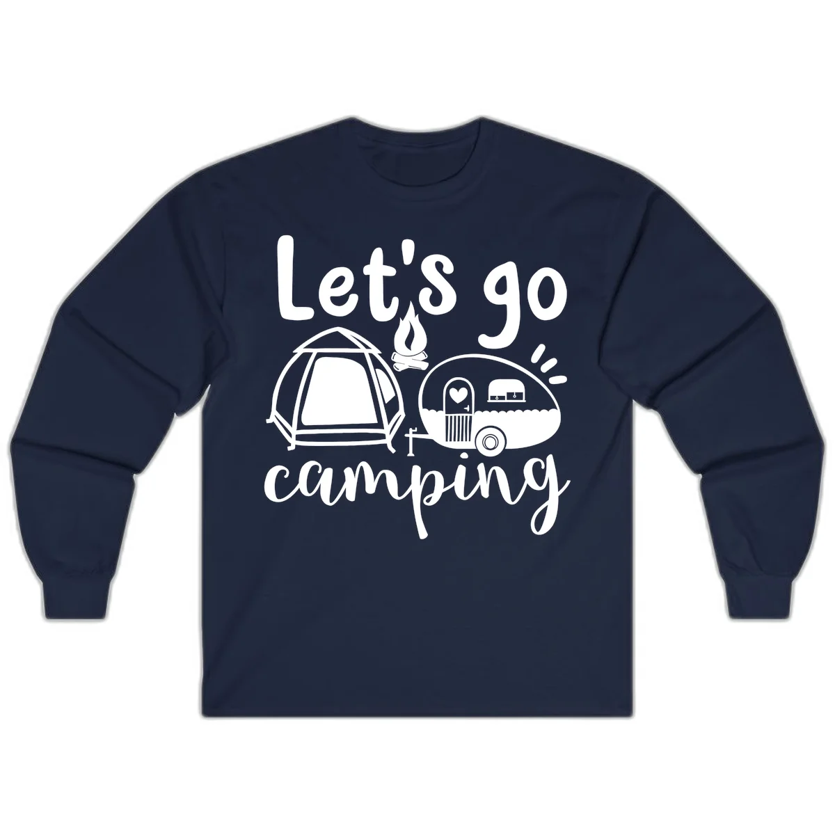White illustration of a tent, campfire, and vintage trailer with 'Let's go camping' text on gray background in Navy