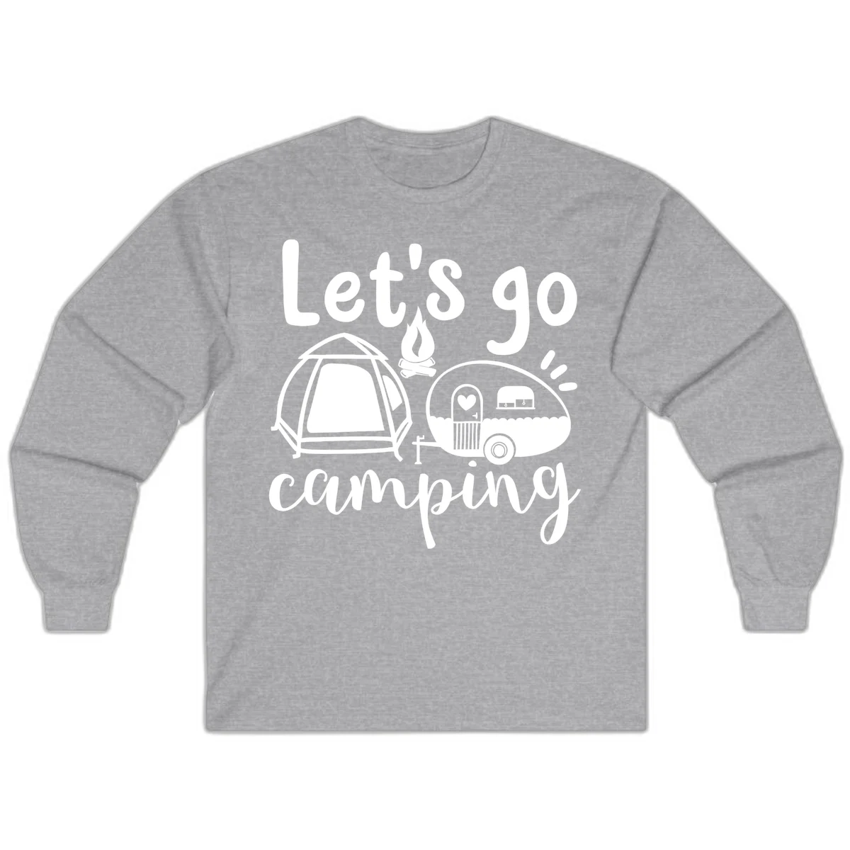 White illustration of a tent, campfire, and vintage trailer with 'Let's go camping' text on gray background in Sport Grey