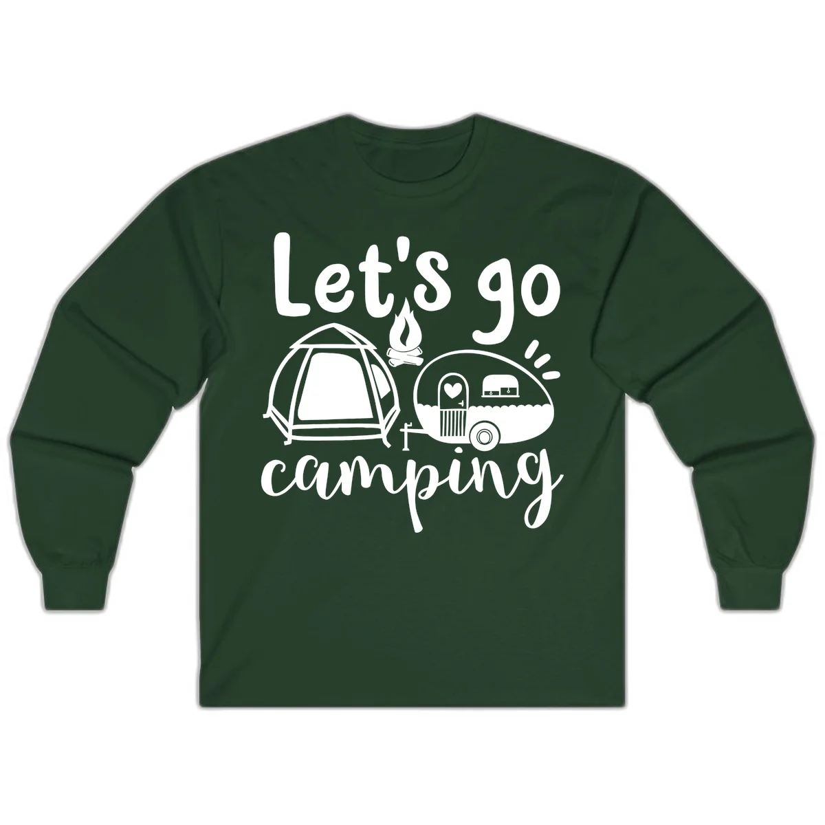 White illustration of a tent, campfire, and vintage trailer with 'Let's go camping' text on gray background in Forest Green