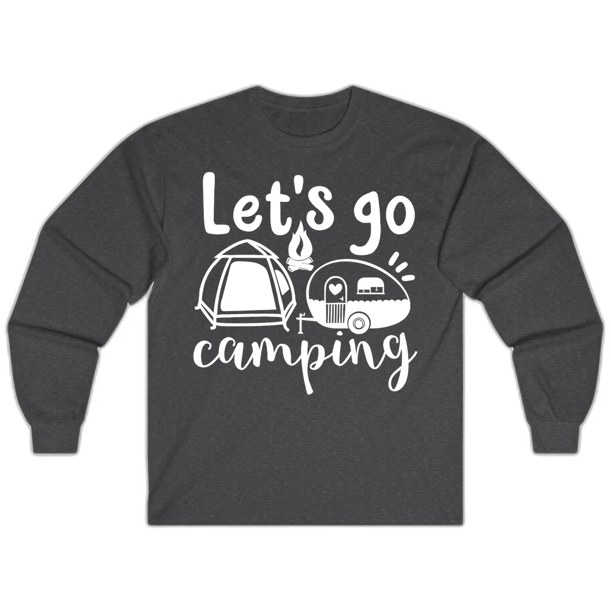 White illustration of a tent, campfire, and vintage trailer with 'Let's go camping' text on gray background in Dark Heather