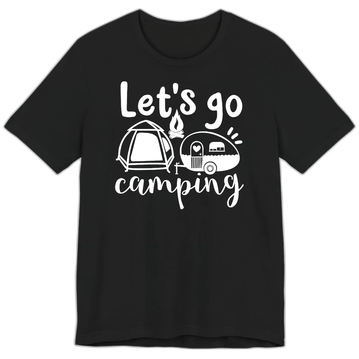 White illustration of a tent, campfire, and vintage trailer with 'Let's go camping' text on gray background in Black