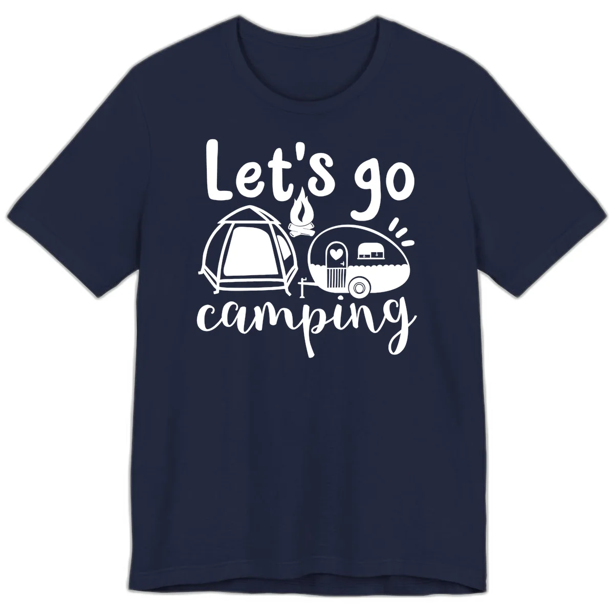 White illustration of a tent, campfire, and vintage trailer with 'Let's go camping' text on gray background in Navy
