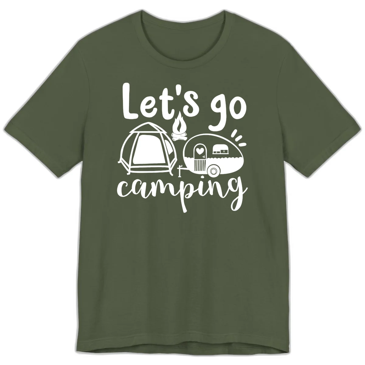 White illustration of a tent, campfire, and vintage trailer with 'Let's go camping' text on gray background in Military Green