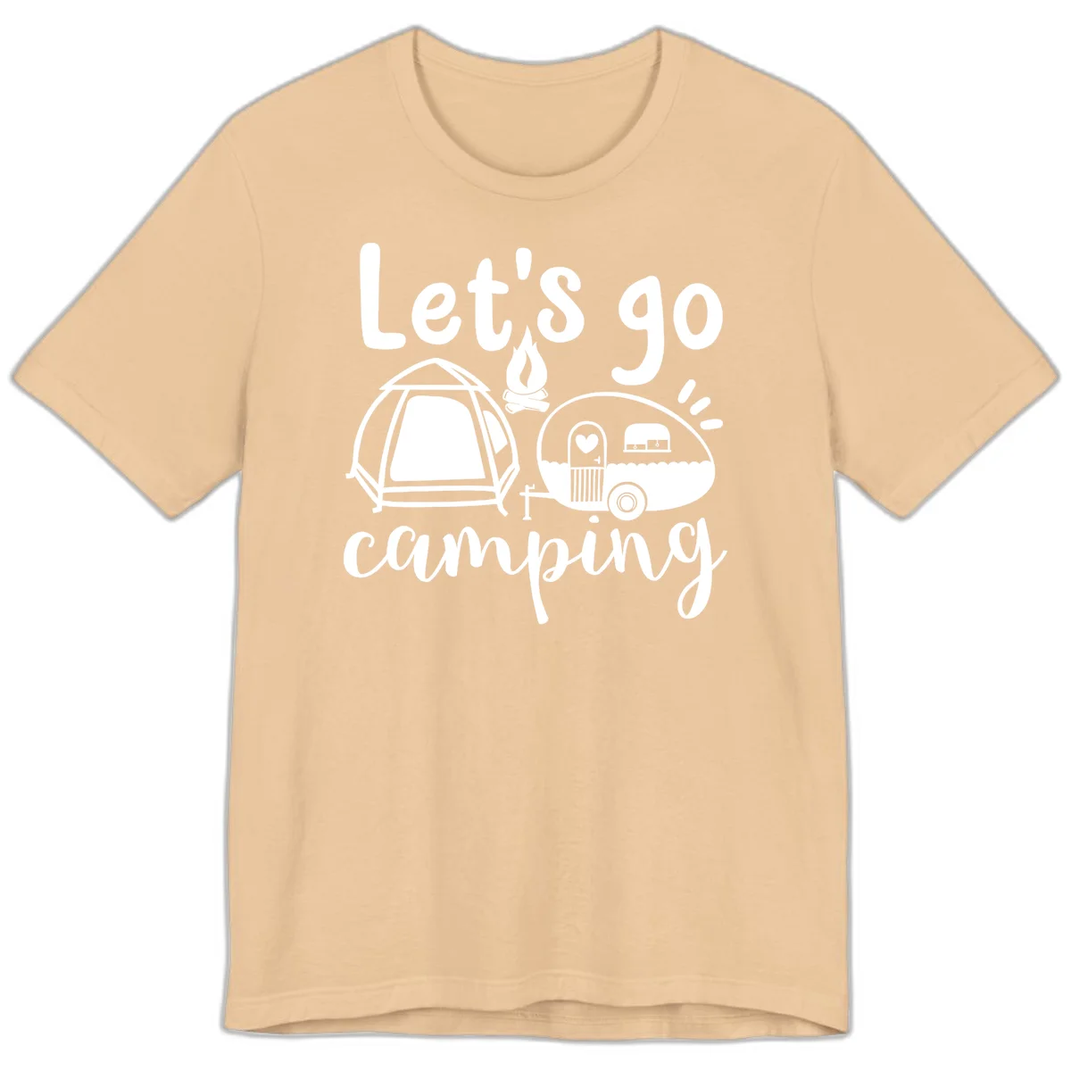 White illustration of a tent, campfire, and vintage trailer with 'Let's go camping' text on gray background in Sand Dune