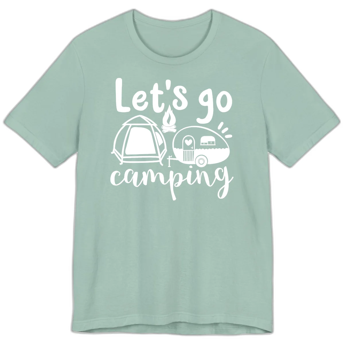 White illustration of a tent, campfire, and vintage trailer with 'Let's go camping' text on gray background in Dusty Blue