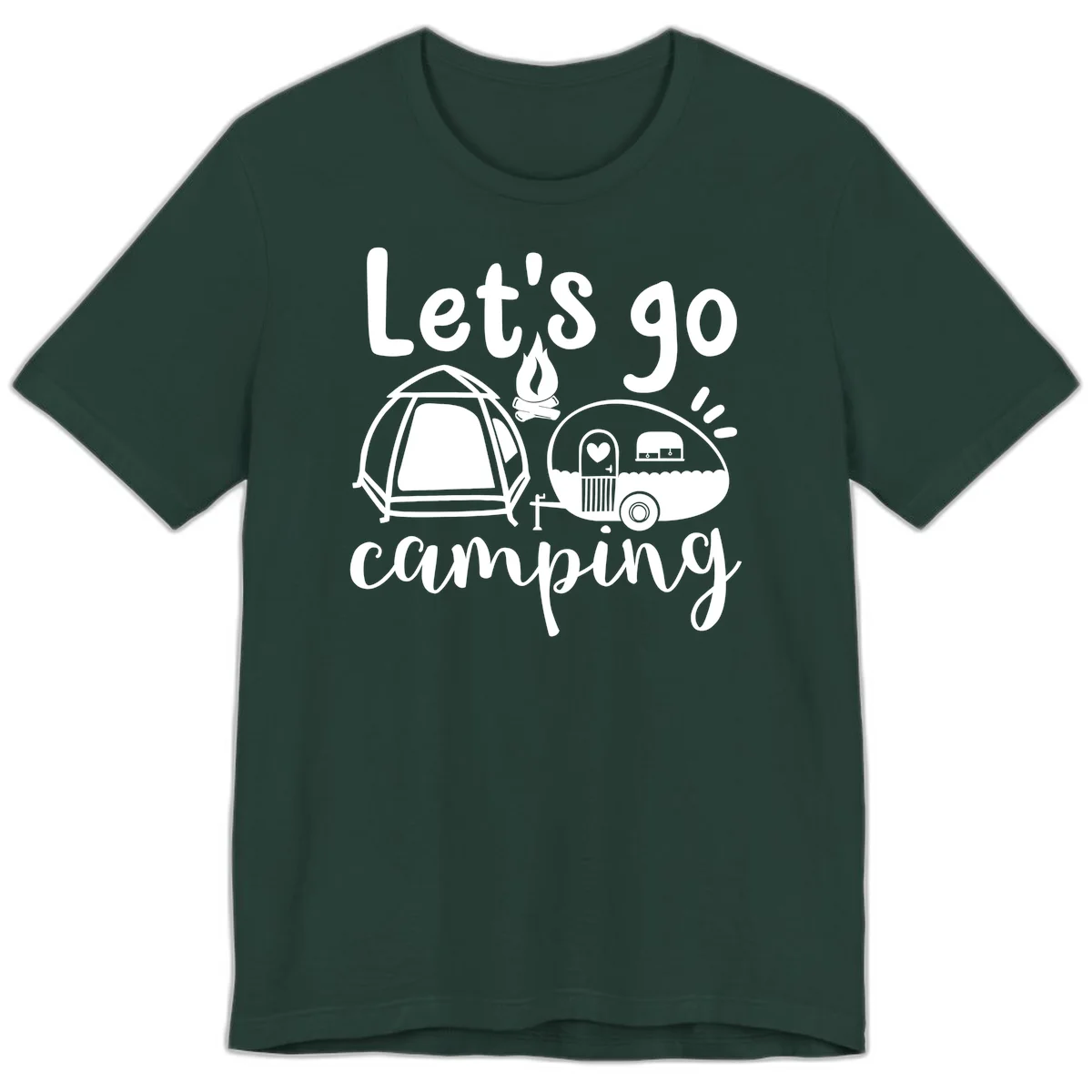 White illustration of a tent, campfire, and vintage trailer with 'Let's go camping' text on gray background in Forest
