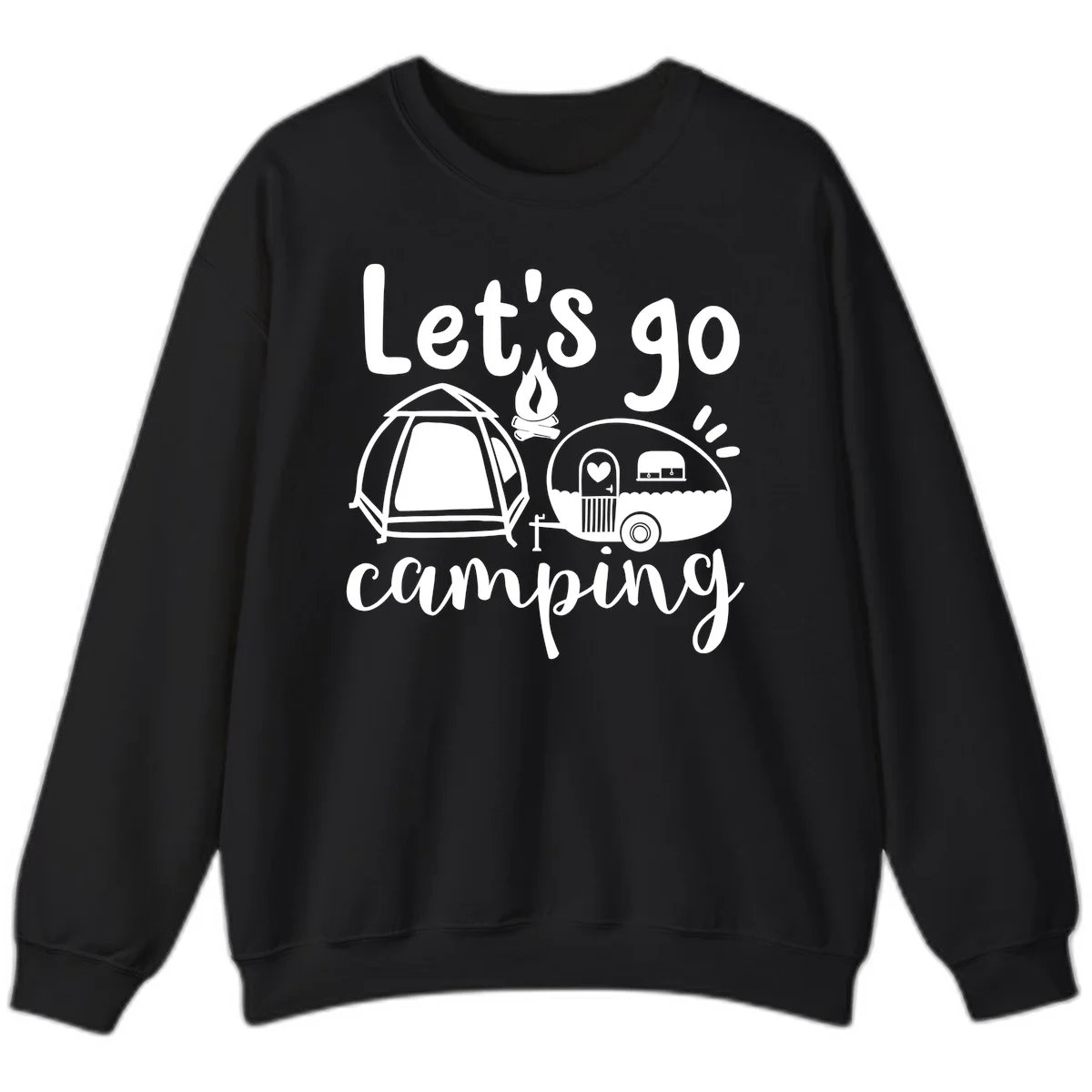 White illustration of a tent, campfire, and vintage trailer with 'Let's go camping' text on gray background in Black