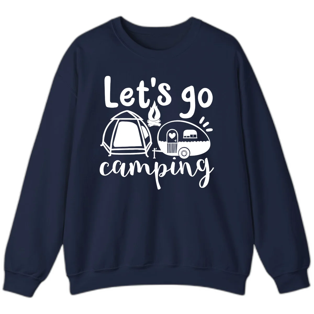 White illustration of a tent, campfire, and vintage trailer with 'Let's go camping' text on gray background in Navy