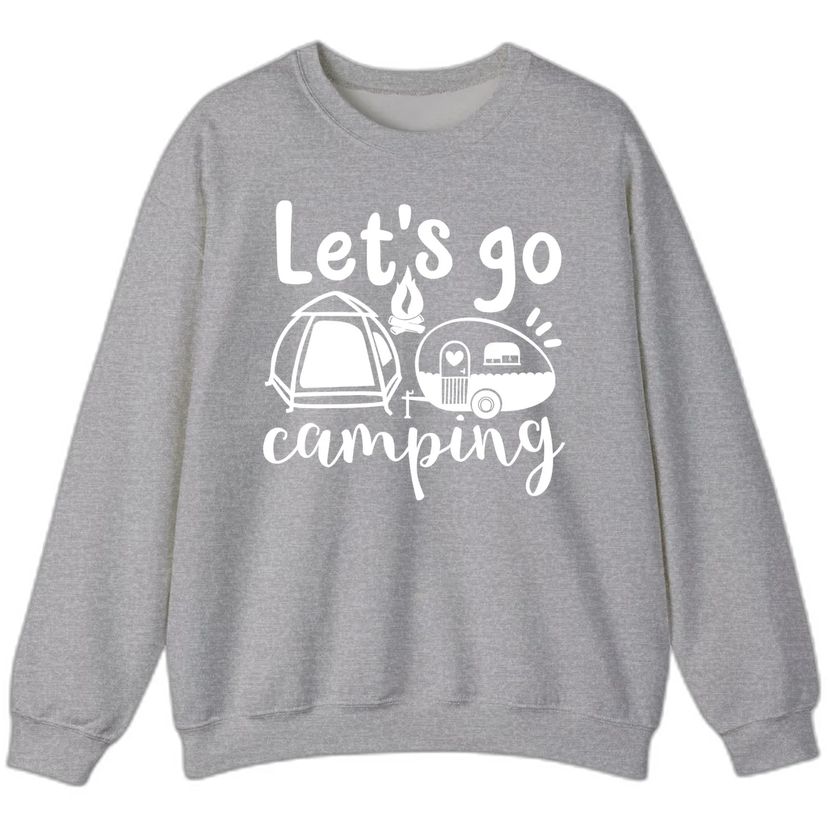 White illustration of a tent, campfire, and vintage trailer with 'Let's go camping' text on gray background in Sport Grey