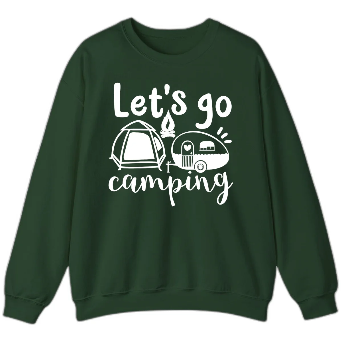White illustration of a tent, campfire, and vintage trailer with 'Let's go camping' text on gray background in Forest Green