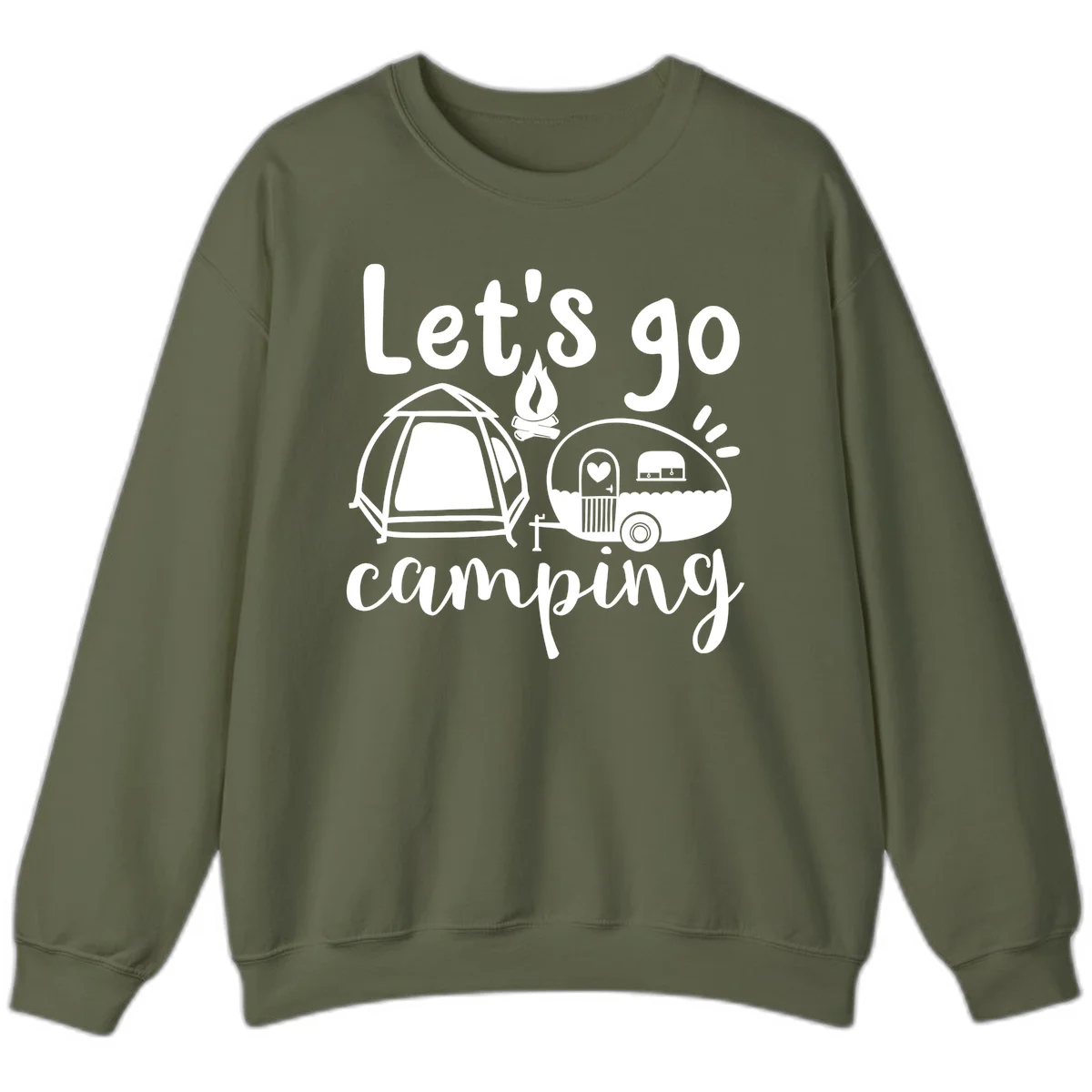 White illustration of a tent, campfire, and vintage trailer with 'Let's go camping' text on gray background in Military Green