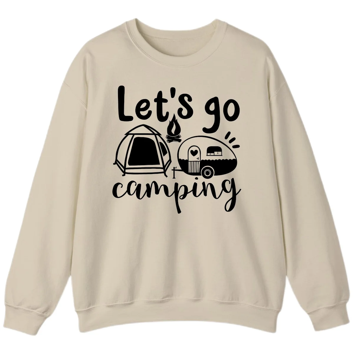 White illustration of a tent, campfire, and vintage trailer with 'Let's go camping' text on gray background in Sand
