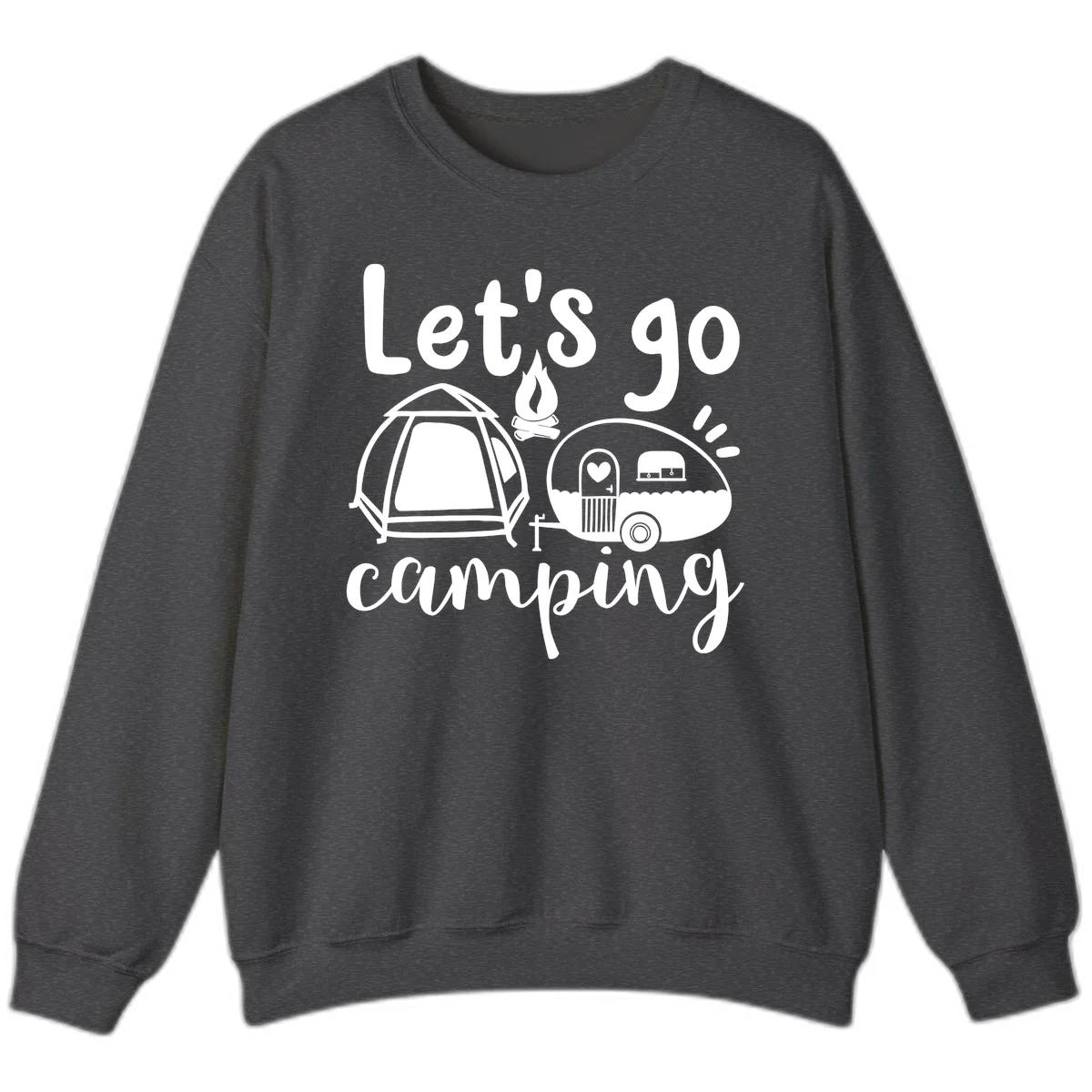 White illustration of a tent, campfire, and vintage trailer with 'Let's go camping' text on gray background in Dark Heather