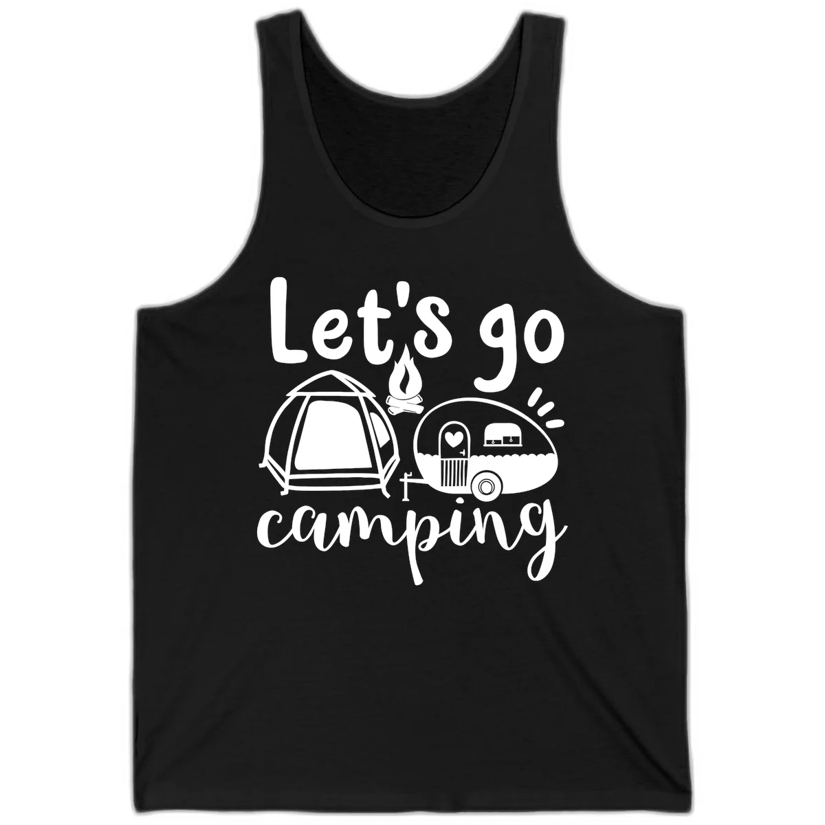 White illustration of a tent, campfire, and vintage trailer with 'Let's go camping' text on gray background in Black