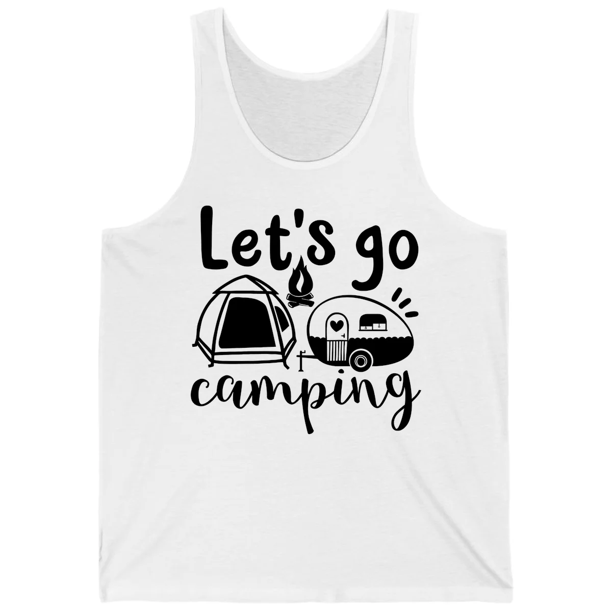 White illustration of a tent, campfire, and vintage trailer with 'Let's go camping' text on gray background in White