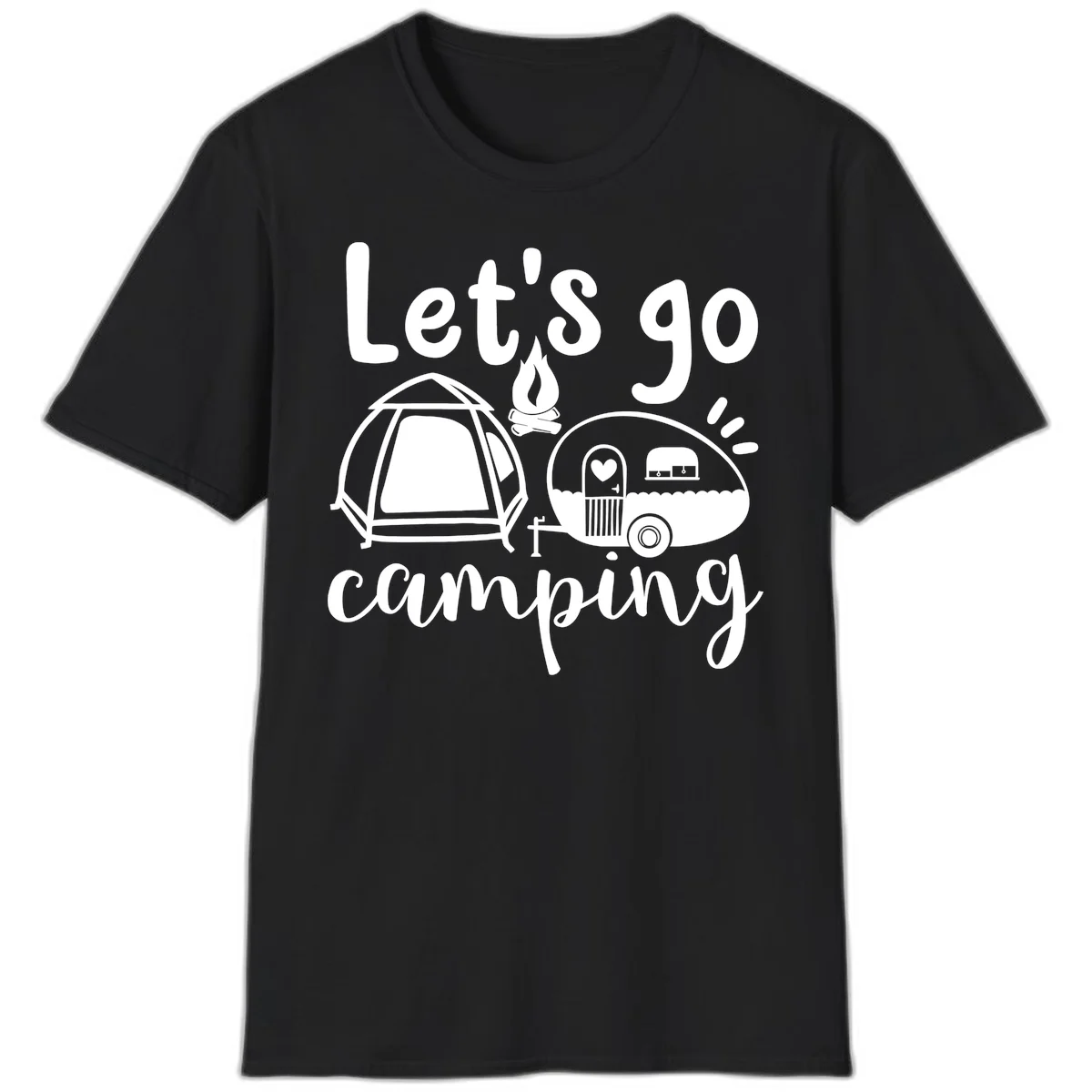 White illustration of a tent, campfire, and vintage trailer with 'Let's go camping' text on gray background in Black