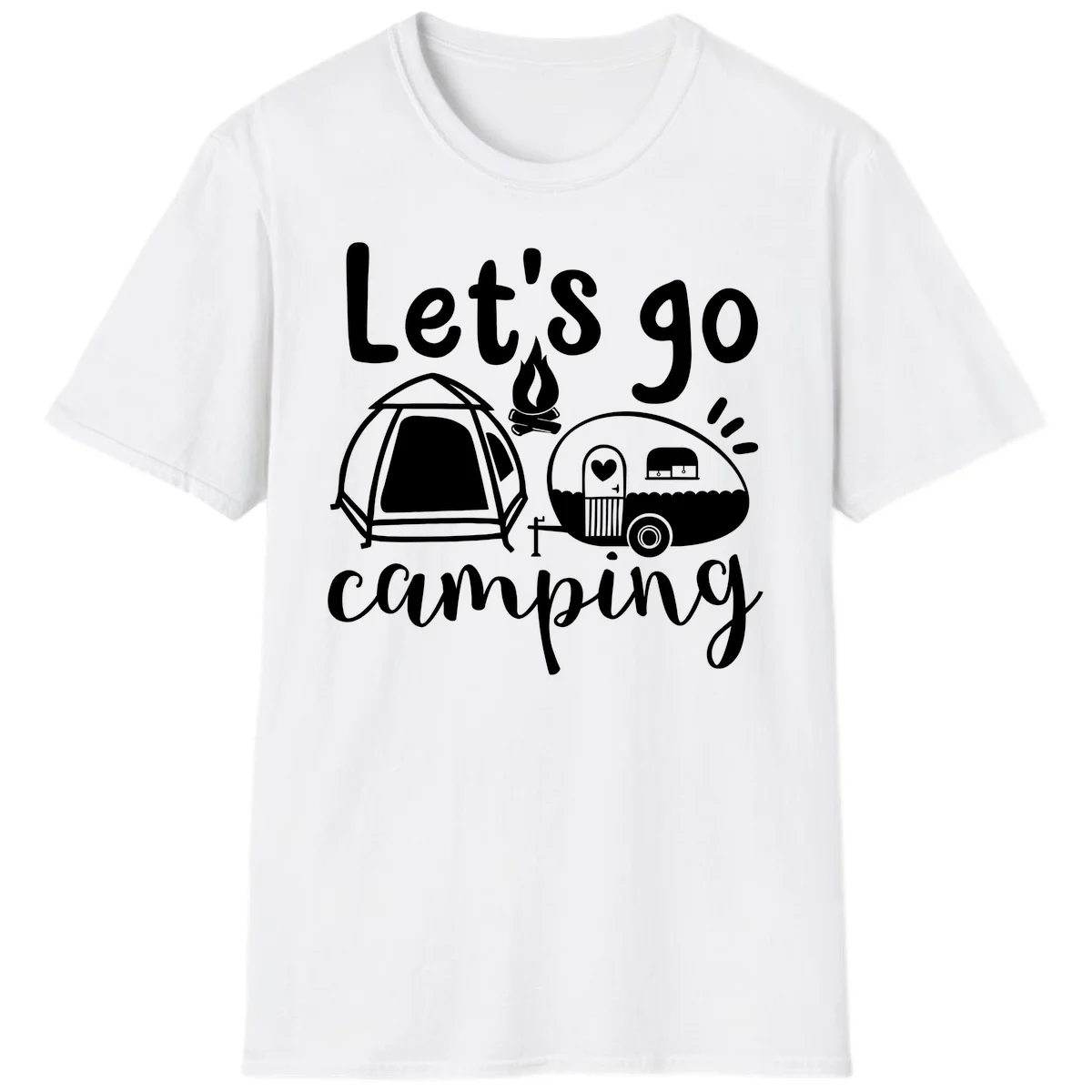 White illustration of a tent, campfire, and vintage trailer with 'Let's go camping' text on gray background in White