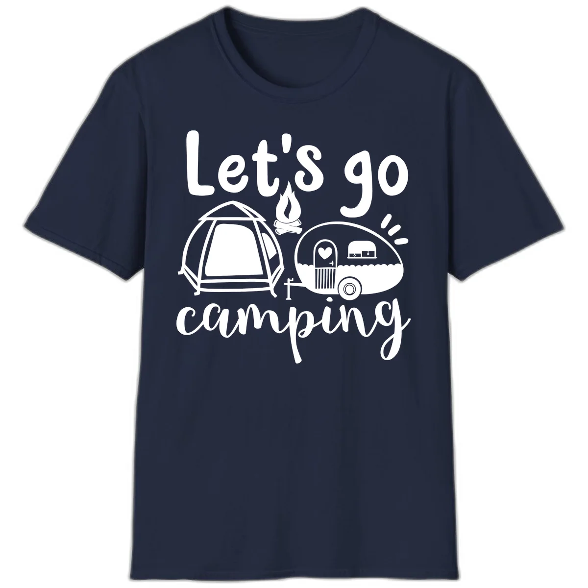White illustration of a tent, campfire, and vintage trailer with 'Let's go camping' text on gray background in Navy