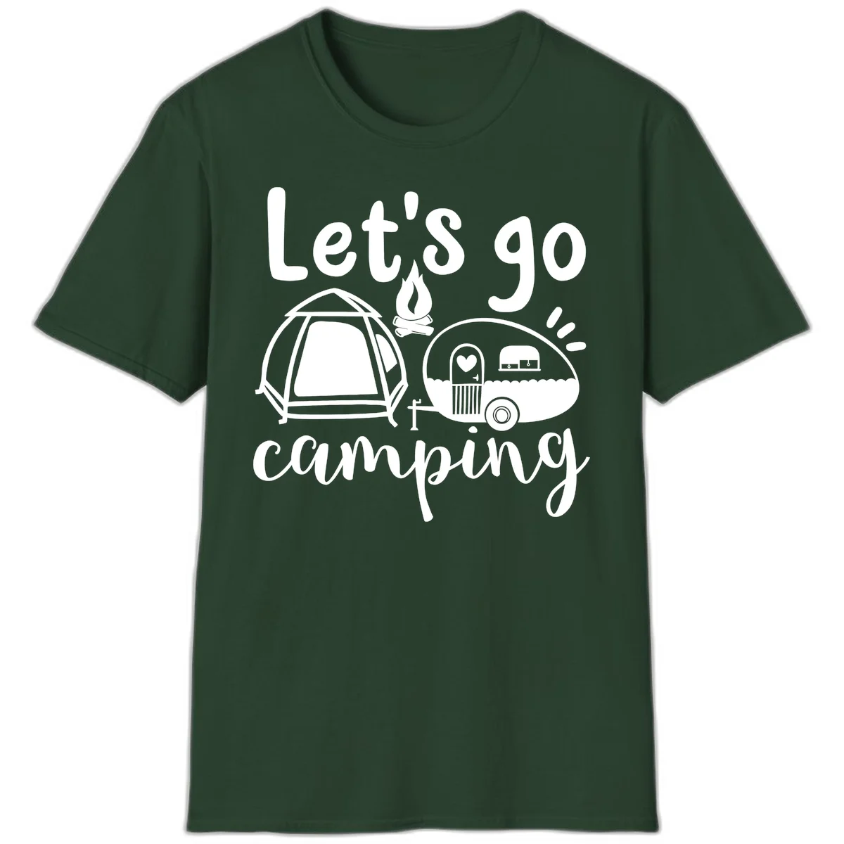 White illustration of a tent, campfire, and vintage trailer with 'Let's go camping' text on gray background in Forest Green