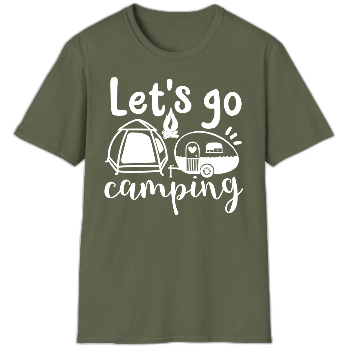White illustration of a tent, campfire, and vintage trailer with 'Let's go camping' text on gray background in Military Green