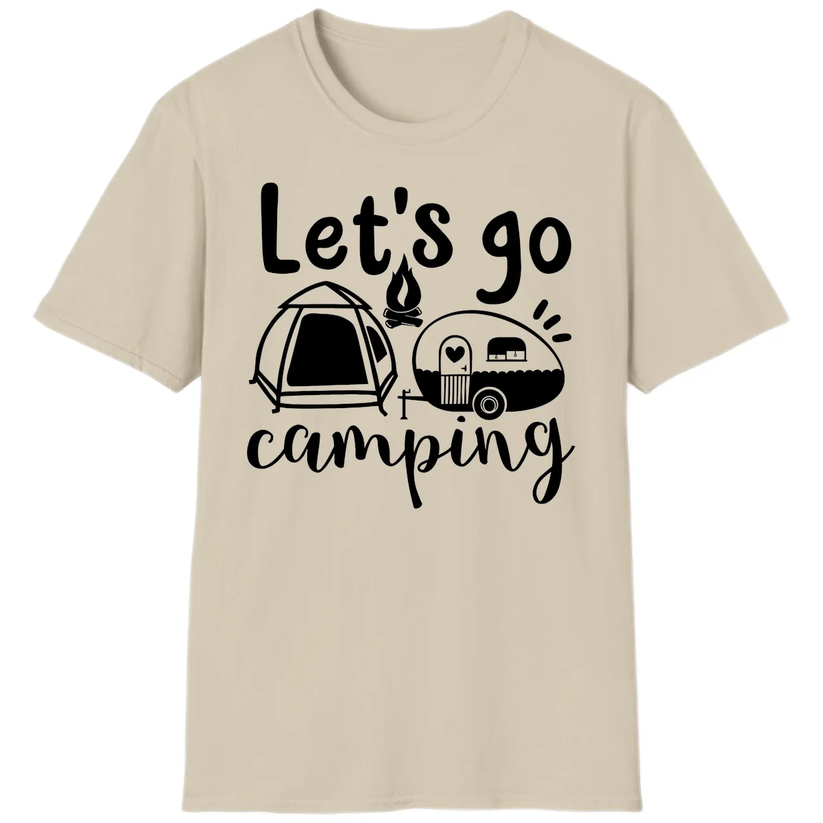 White illustration of a tent, campfire, and vintage trailer with 'Let's go camping' text on gray background in Sand