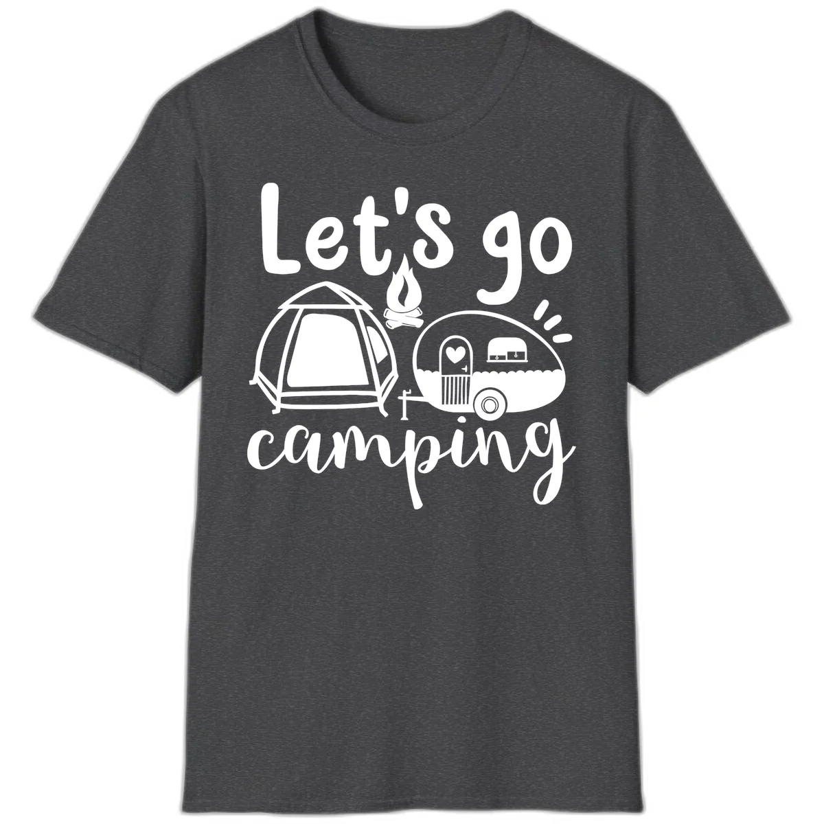 White illustration of a tent, campfire, and vintage trailer with 'Let's go camping' text on gray background in Dark Heather