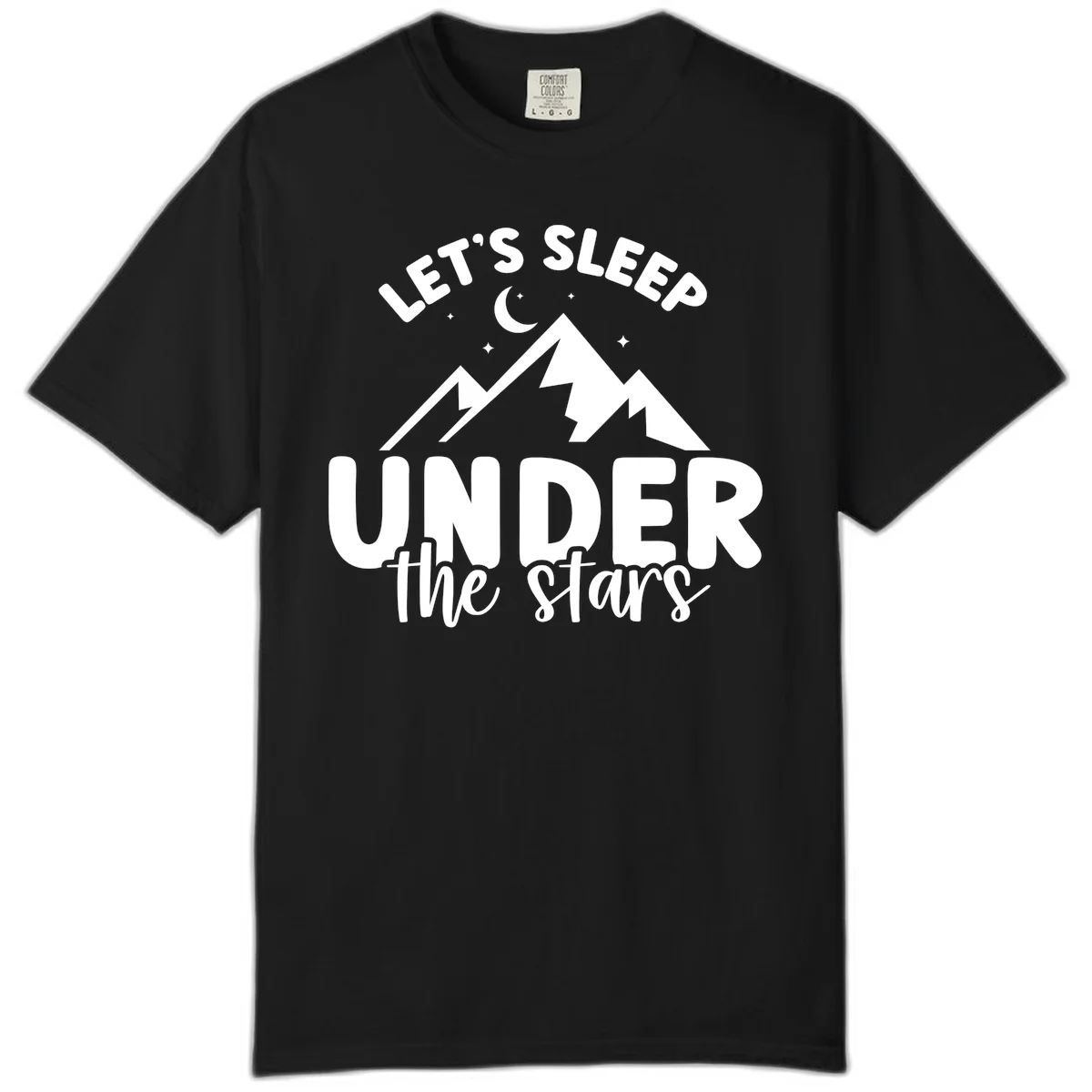 White illustration of jagged mountains with lightning bolts under a crescent moon and stars, with text reading 'Let's Sleep Under the stars' in Black