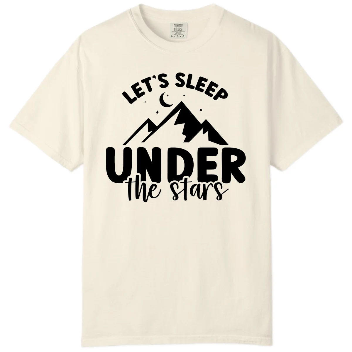 White illustration of jagged mountains with lightning bolts under a crescent moon and stars, with text reading 'Let's Sleep Under the stars' in Ivory