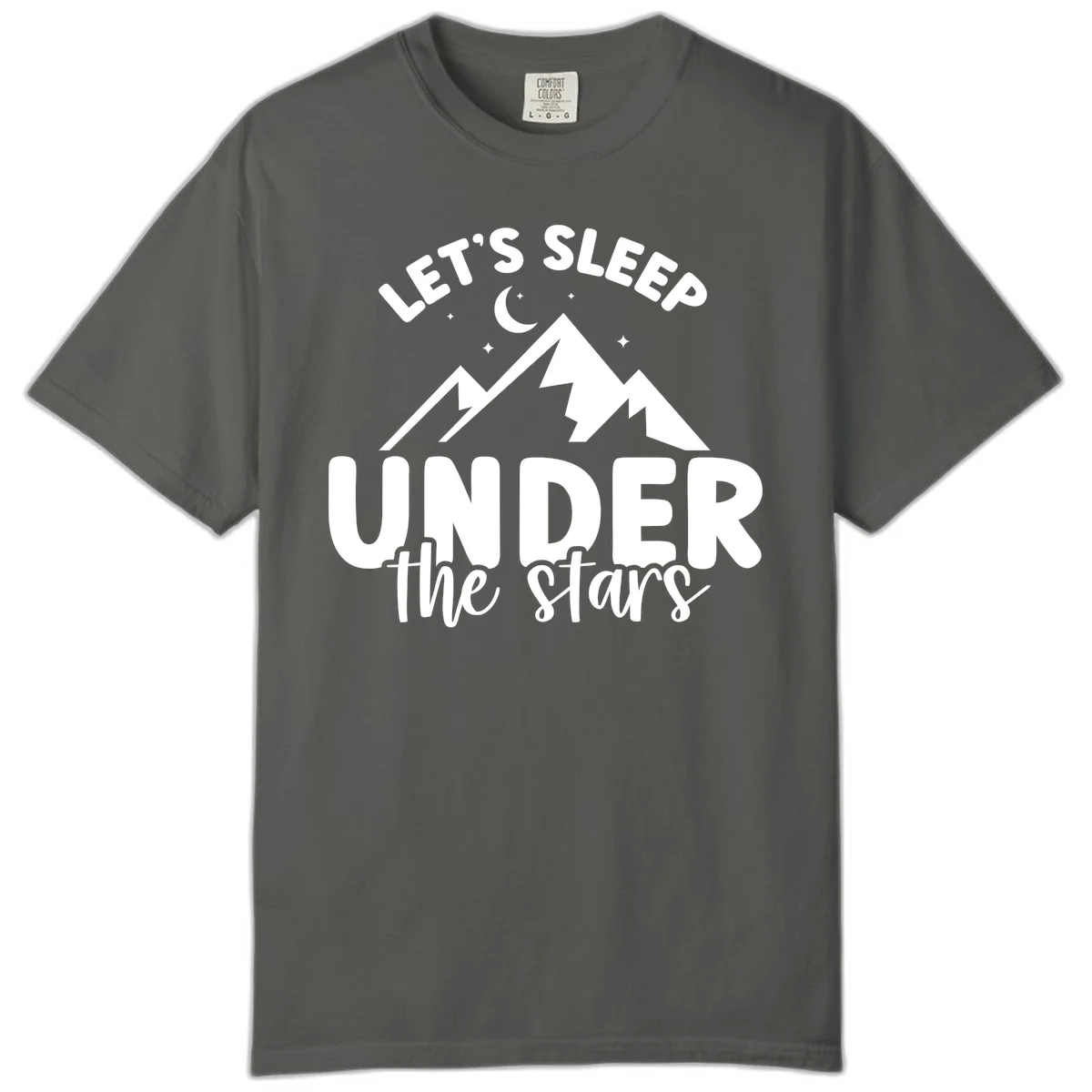 White illustration of jagged mountains with lightning bolts under a crescent moon and stars, with text reading 'Let's Sleep Under the stars' in Pepper