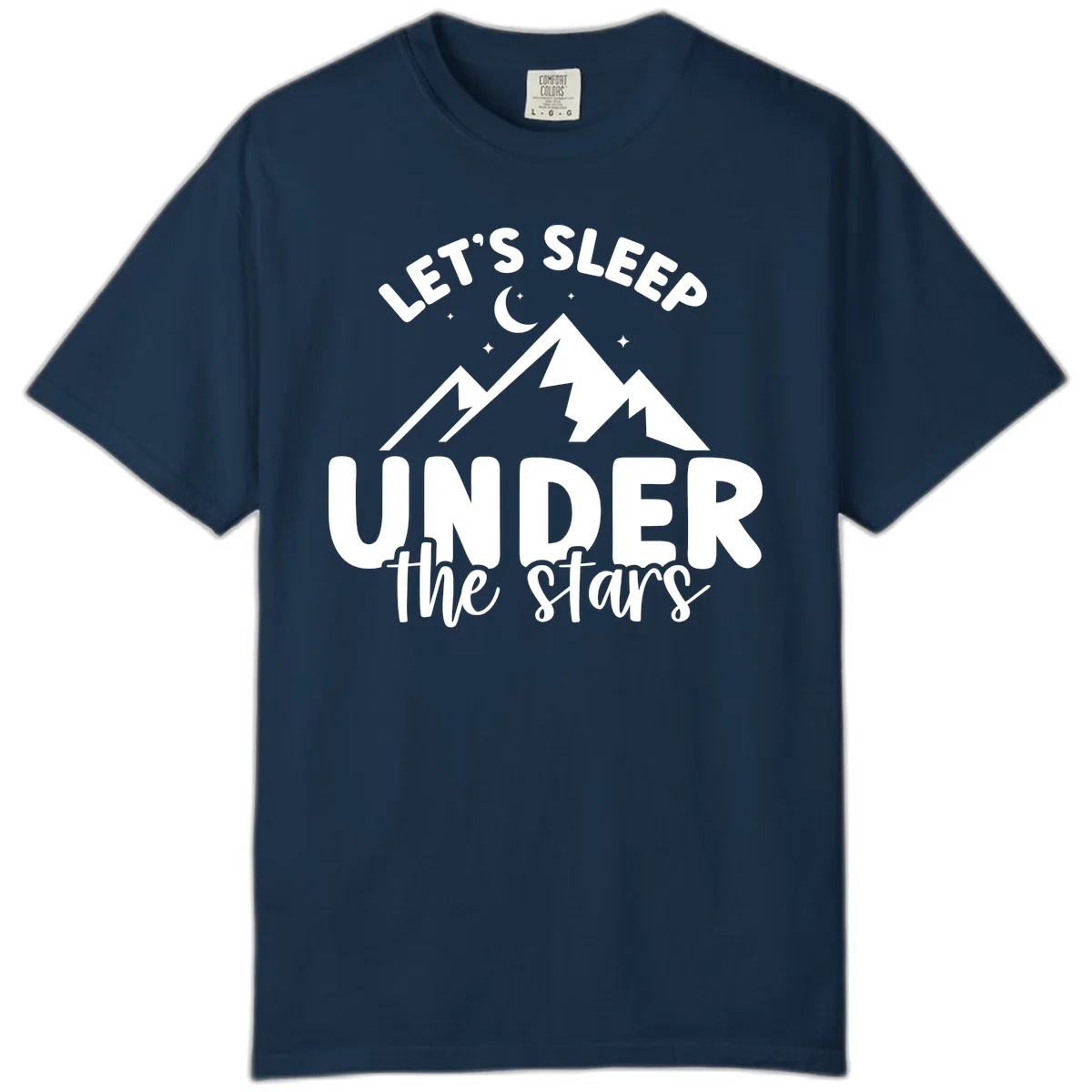 White illustration of jagged mountains with lightning bolts under a crescent moon and stars, with text reading 'Let's Sleep Under the stars' in True Navy