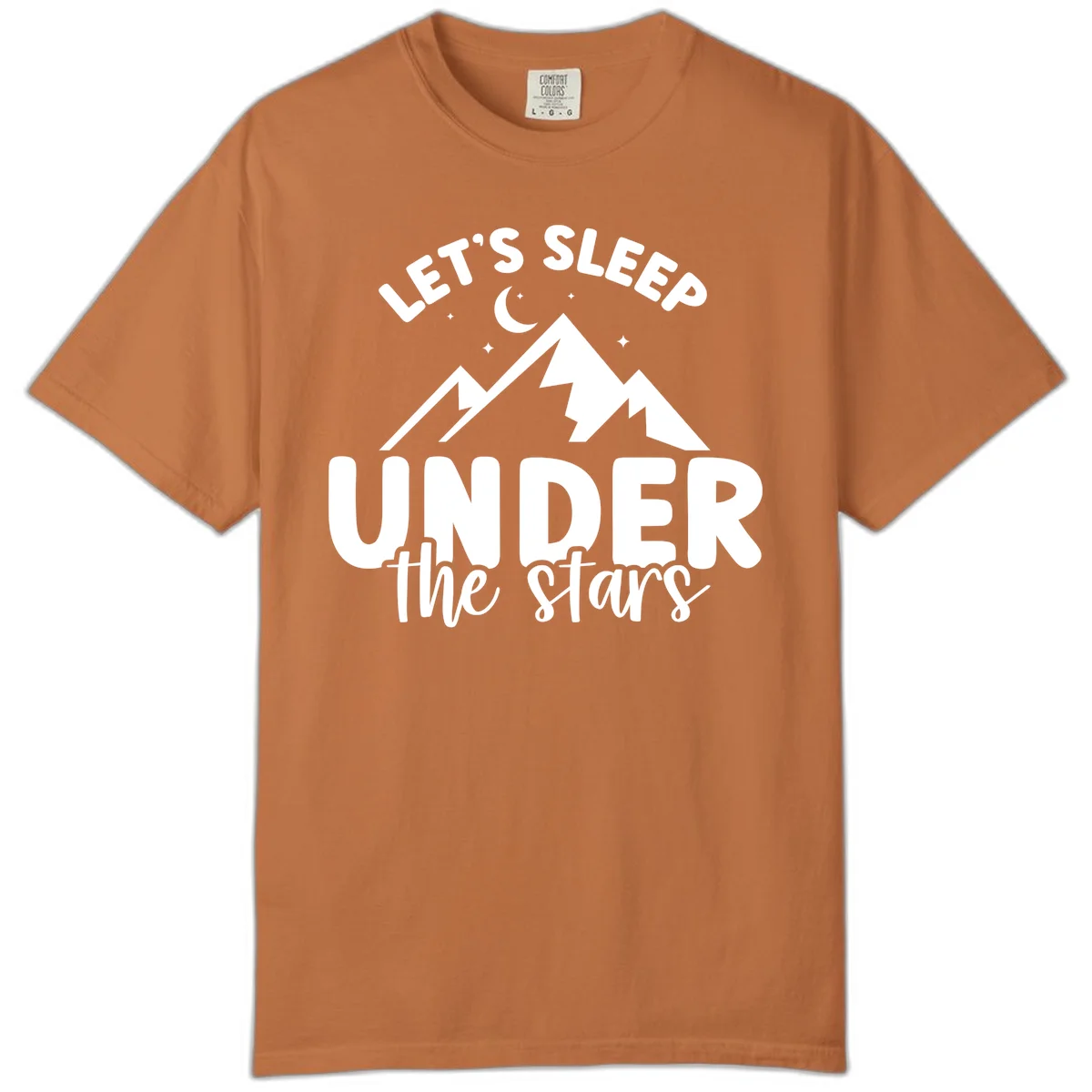 White illustration of jagged mountains with lightning bolts under a crescent moon and stars, with text reading 'Let's Sleep Under the stars' in Yam